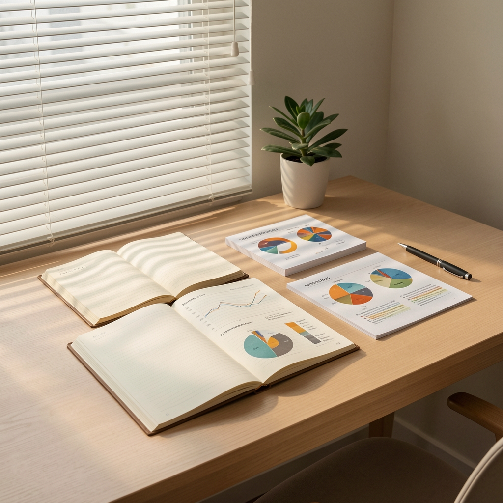Tarvona editorial workspace with open notebooks, nutritional charts and hydration tracking sheets laid out on a wooden desk under studio lighting