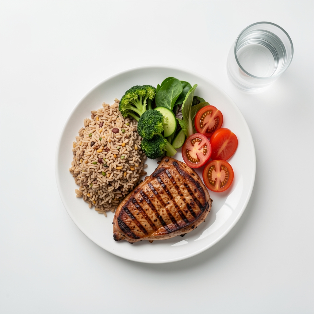Overhead flat-lay of a structured meal — whole-grain portion, grilled protein, fresh vegetables and a glass of water on a clean white ceramic surface under studio lighting