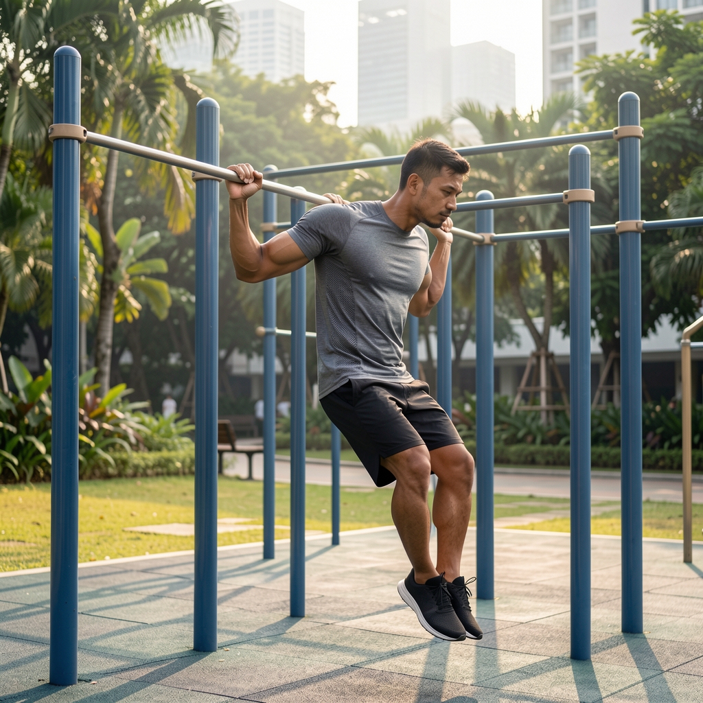 Man performing outdoor bodyweight exercise on pull-up bars at a Jakarta public fitness park, morning light, athletic clothing, urban greenery visible in background