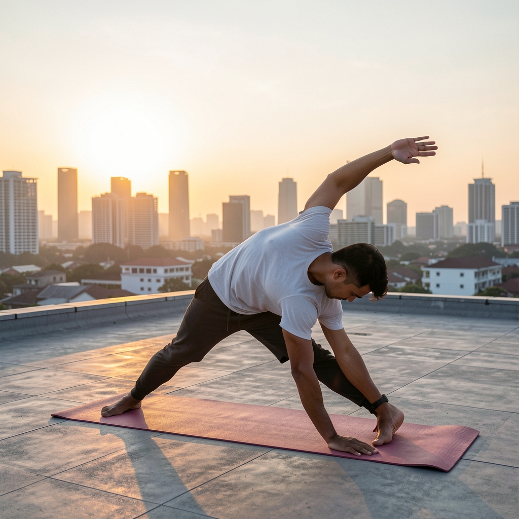 Man performing morning stretching routine on a rooftop in Jakarta at sunrise, city skyline in background