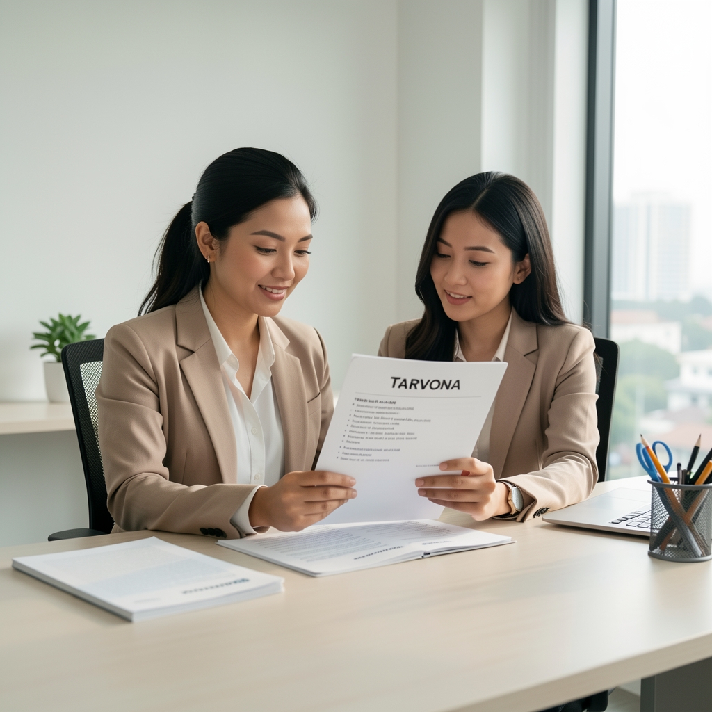 Tarvona wellness consultant reviewing a structured weekly nutrition and exercise plan document on a clean desk in a minimalist Jakarta office setting
