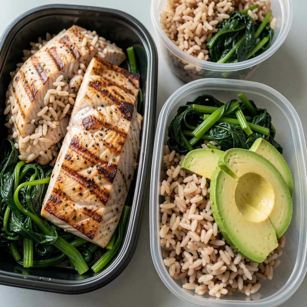 Close-up of a balanced meal prep spread with grilled fish, steamed greens, brown rice and sliced avocado on separate containers, top-down view