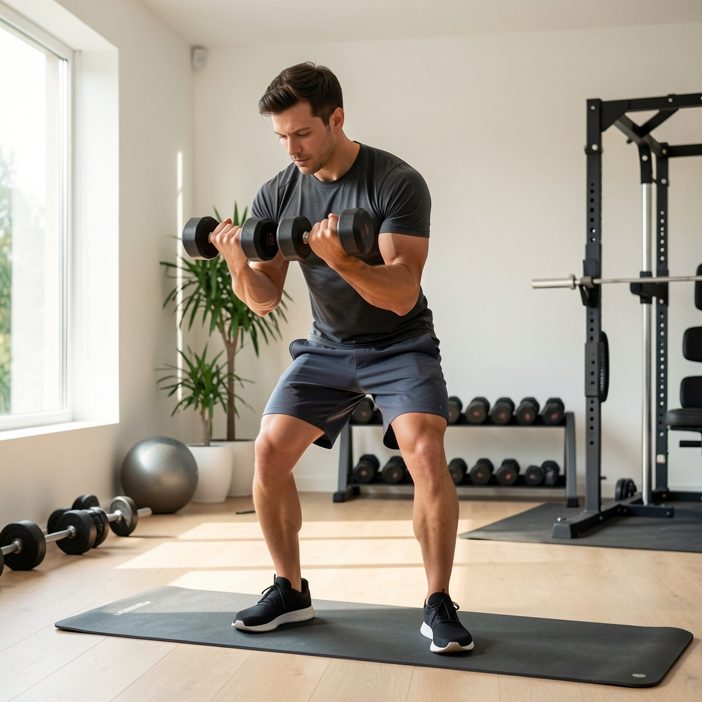 Man doing dumbbell strength training in a bright functional home gym space, correct form, athletic wear, natural window light from the left