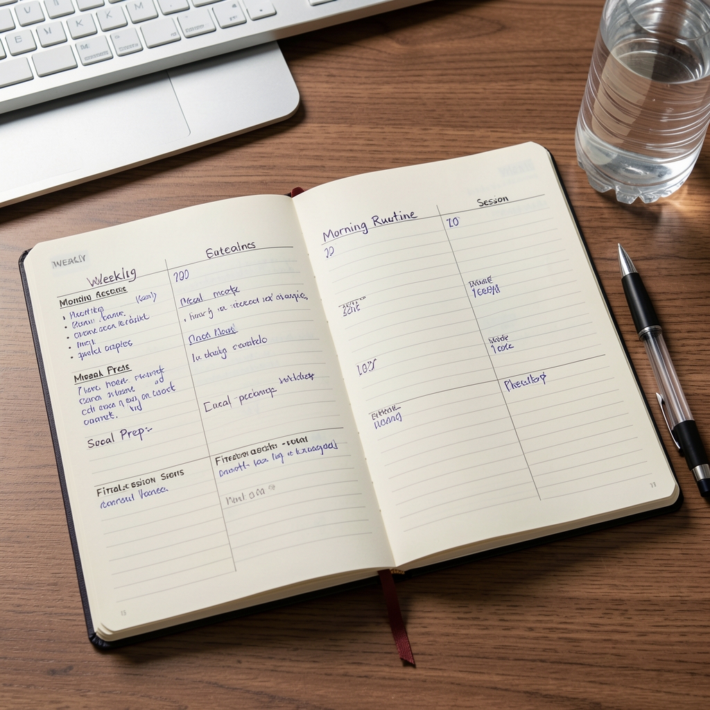 Open weekly planner notebook on a desk with handwritten morning routine schedule, meal prep notes and fitness session entries, alongside a pen and water bottle