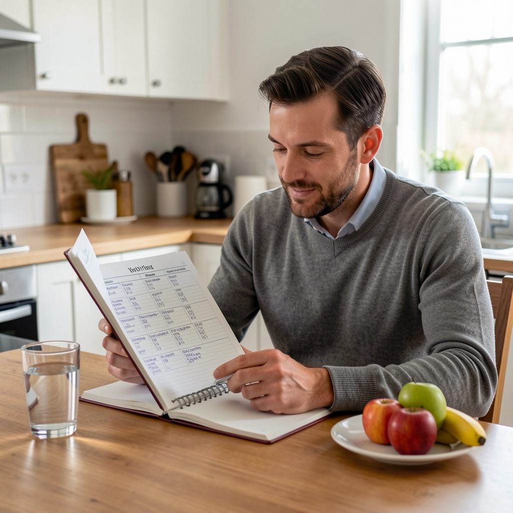 Man reviewing body composition tracking journal with weekly entries, sitting at a kitchen table with a glass of water and a piece of fruit beside him